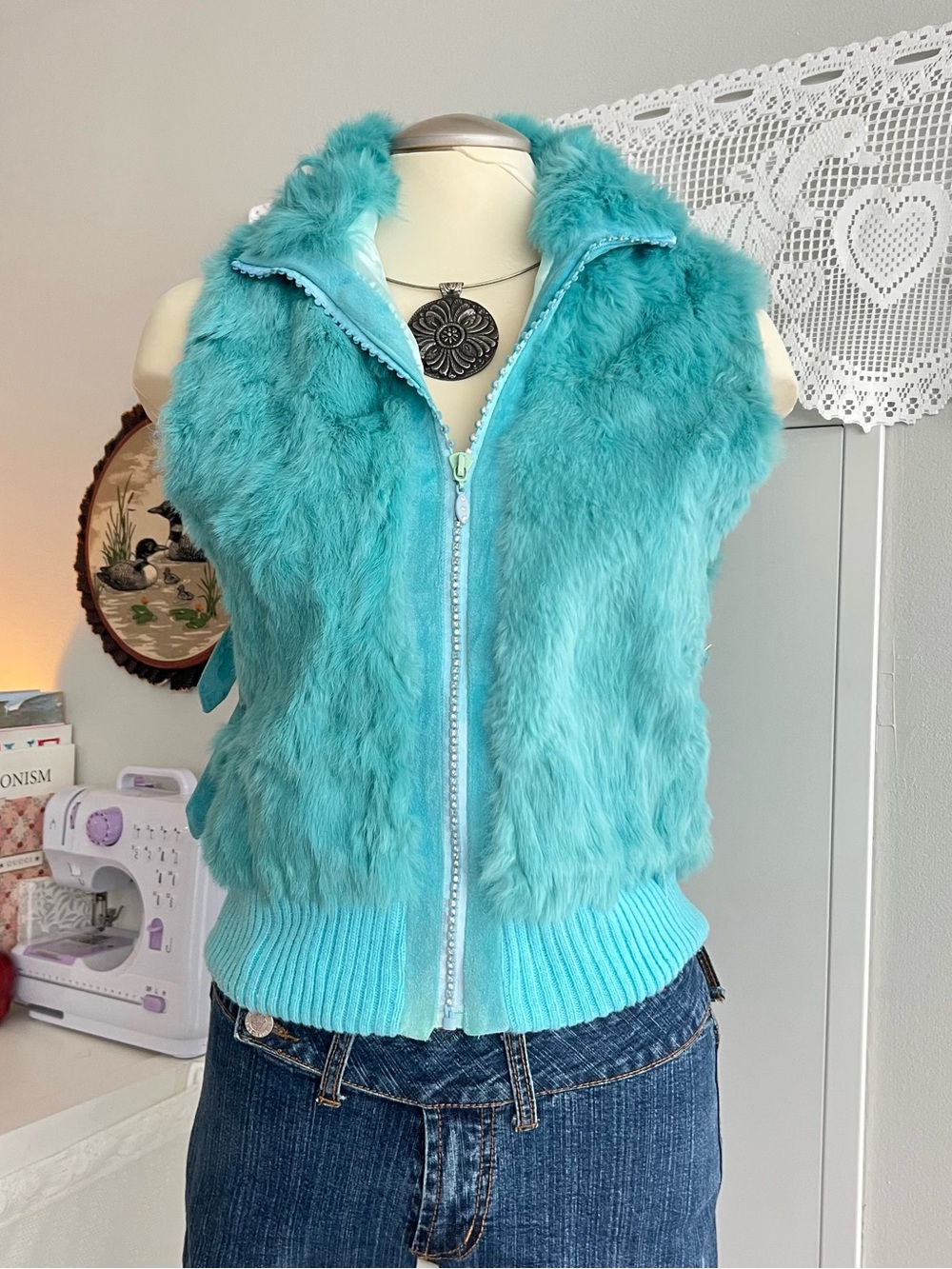 Vintage 90s Y2K Blue teal faux fur genuine leather vest